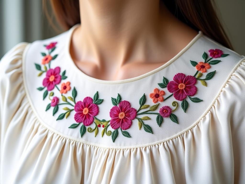 Blusa com detalhes florais bordados à mão na gola.