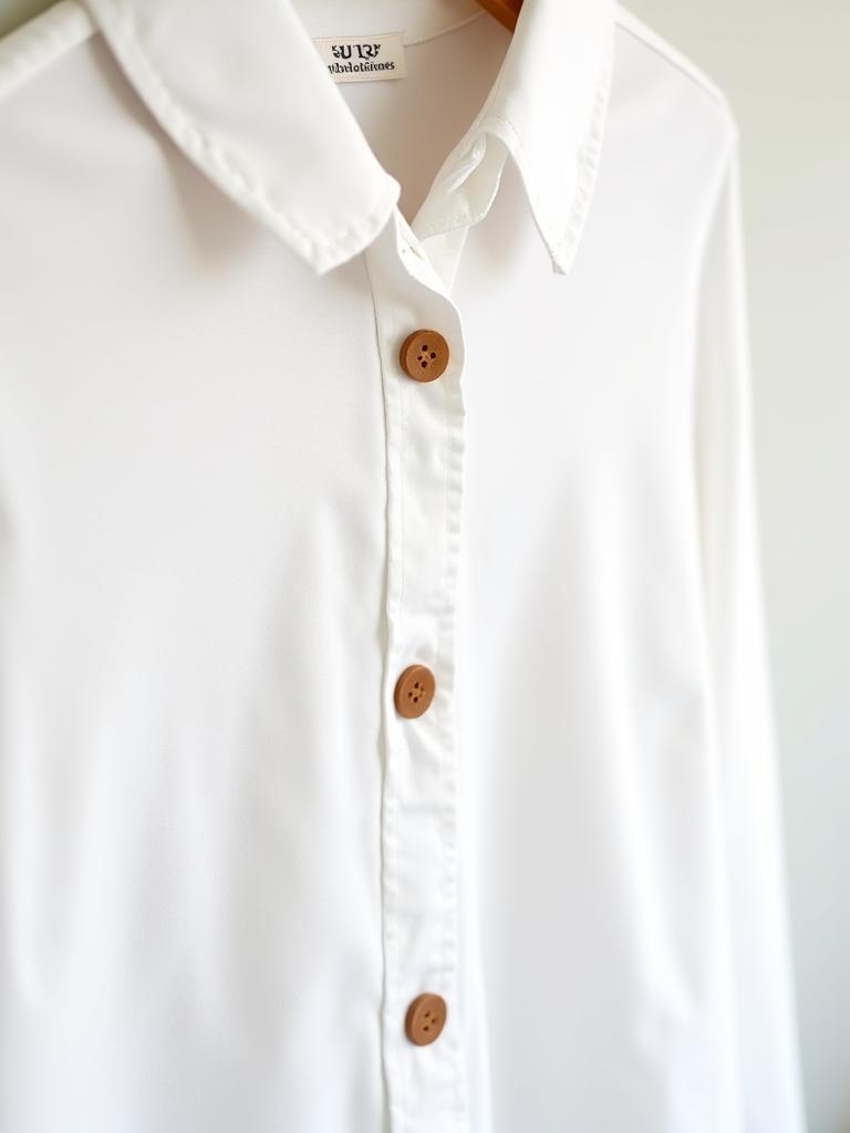 Camisa de algodão orgânico branca com botões de madeira.