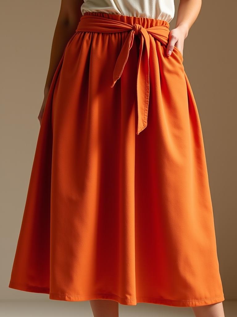 Saia midi em tom terracota com cinto.