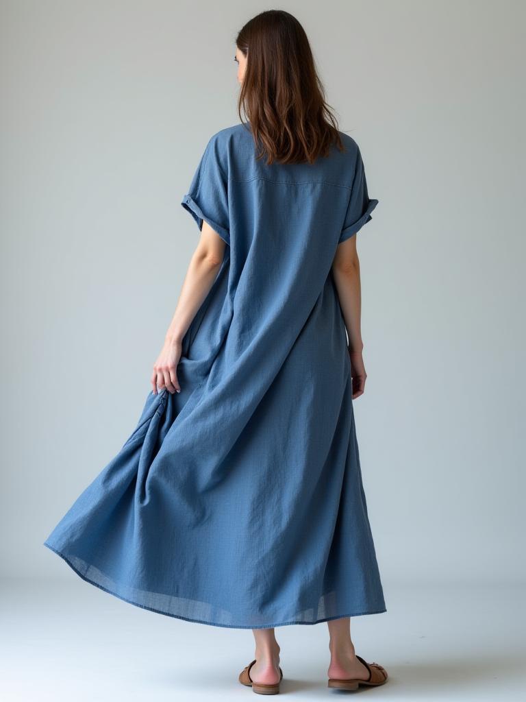 Vestido comprido de linho azul.