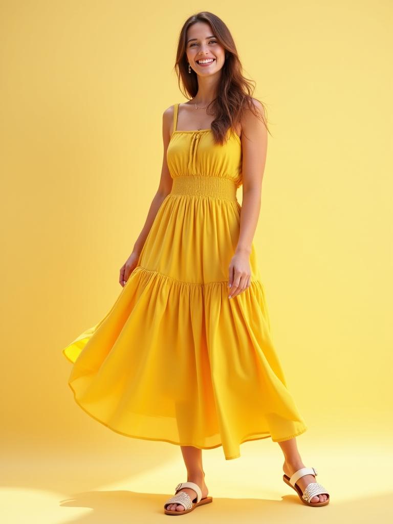 Vestido de verão leve em amarelo mostarda.